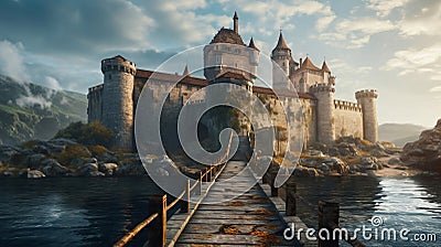 Medieval castle on the island and a bridge leading. Generative AI. Stock Photo
