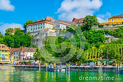 Medieval castle in meersburg is perched on a hill overlooking famous bodensee lake in Germany....IMAGE Editorial Stock Photo