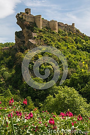 Medieval castle of Roccascalegna with pink flower Stock Photo