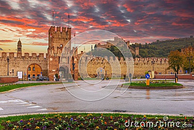 Medieval Castle of Soave in the province of Verona at sunset, Italy Stock Photo