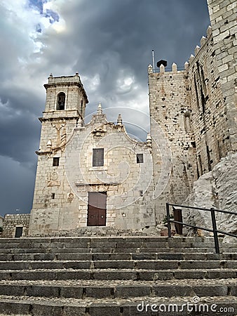 Medieval castle under dramatic sky, Peniscola Stock Photo