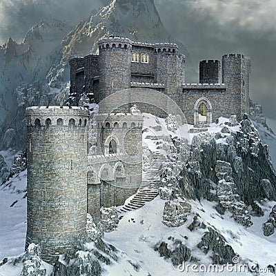 Medieval castle in a winter scenery Cartoon Illustration