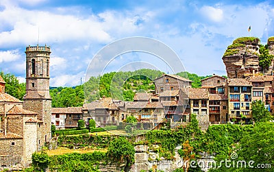 Medieval Catalan village in the subregion of the Collsacabra, Spain Stock Photo