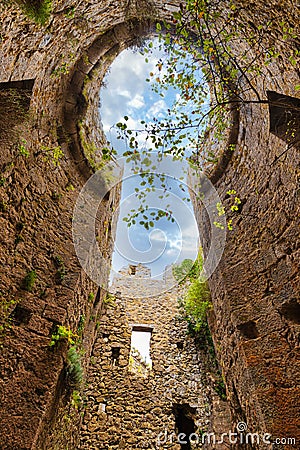 Medieval Cathare castle ruins upward view Stock Photo