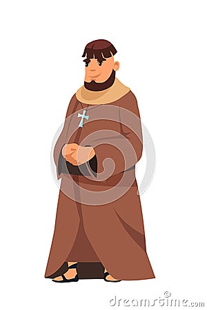 Medieval catholic priest in cassock stand on white Vector Illustration