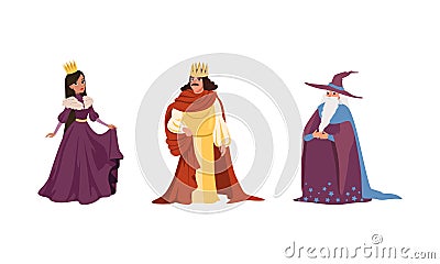 Medieval Characters Dressed Ancient Clothes Set, Majestic King, Queen, Old Male Wizard Vector Illustration Vector Illustration