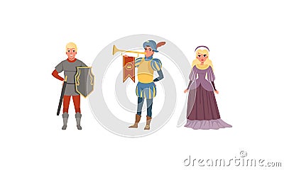Medieval Characters Dressed Ancient Clothes Set, Royal Herald with Trumpet, Warrior, Noble Lady Vector Illustration Vector Illustration