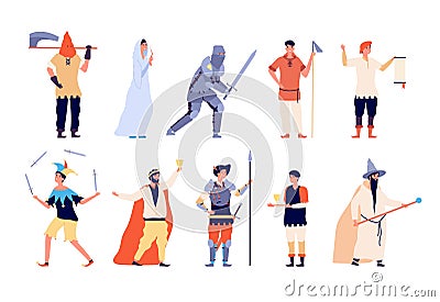 Medieval characters. Fairy and knight, peasant and executioner, wizard and king, warrior and joker fairytale cartoon Vector Illustration