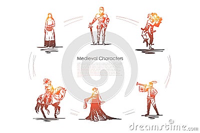 Medieval characters - knight, troubadour, buffon, peasant woman and countess vector concept set Vector Illustration