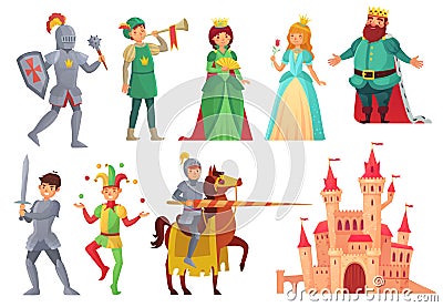 Medieval characters. Royal knight with lance on horseback, princess, kingdom king and queen isolated vector character Vector Illustration