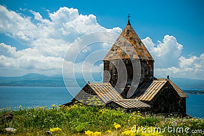 Medieval church on Sevan lake, Armenia horizontal Stock Photo