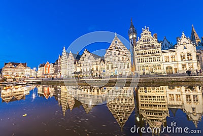 Medieval city of Gent along canal, Belgium Editorial Stock Photo