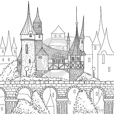Medieval city with houses, castles and trees. Vector Illustration