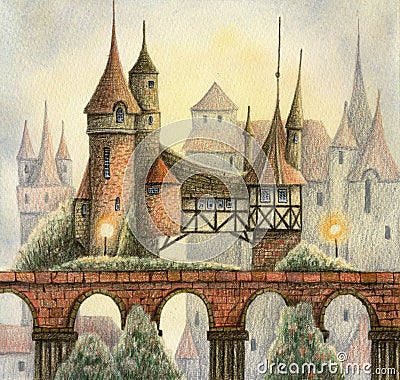 Medieval city street with houses and trees. Cartoon Illustration