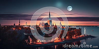 medieval city street panorama at pink orange evening sunset at sea big fool moon Stock Photo