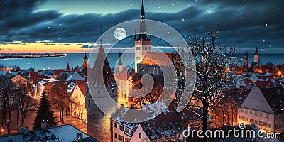 medieval city street panorama at pink orange evening sunset at sea big fool moon Stock Photo