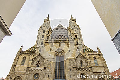 Medieval city street of Vienna Austria central European Gothic architecture cathedral exterior facade with double towers symmetry Stock Photo