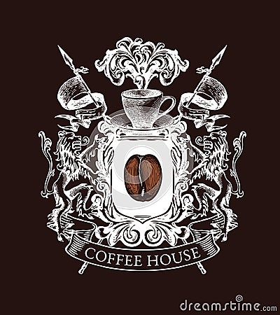 Medieval coat of arms for coffee house, chalk drawing Vector Illustration