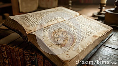 Medieval codex created with Generative AI. Old book with opened pages. Old text. Stock Photo