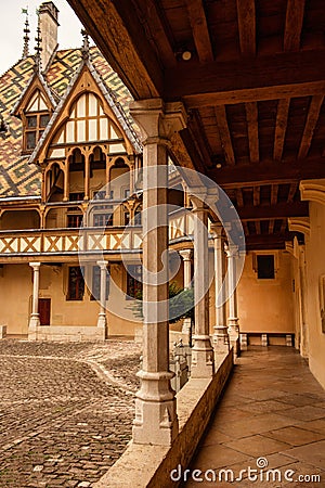 Medieval courtyard of Hospices de Beaune, France Stock Photo