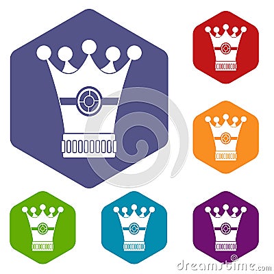 Medieval crown icons set hexagon Vector Illustration