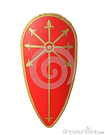 Medieval Crusader Knight`s Red Kite shield, golden fleur de lis Stock Photo