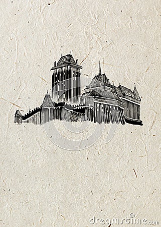 Medieval Czech castle drawn by hand in black ink, on beige rice paper background. Stock Photo