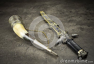 Medieval Dagger and horn Stock Photo