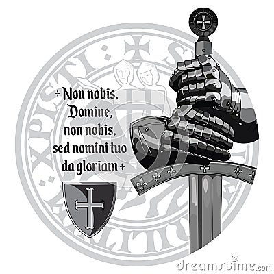 Medieval design. Crusaders knights gloves, sword, Templars seal and the prayer of the Crusader Vector Illustration