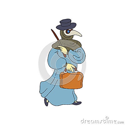 Medieval doctor with hat, bird mask and leather case Vector Illustration