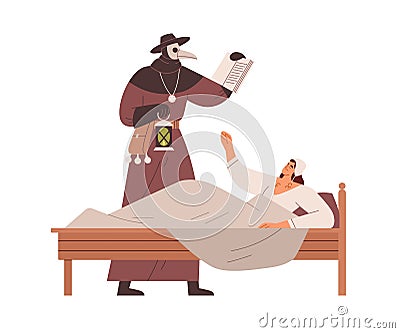 Medieval doctor in old plague costume healing ill woman. Sick dying person in bed in Middle ages. Ancient illness Vector Illustration