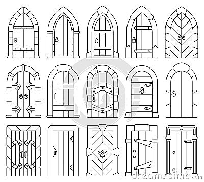 Medieval door vector outline set icon. Vector illustration castle doors on white background. Isolated outline set icon Vector Illustration