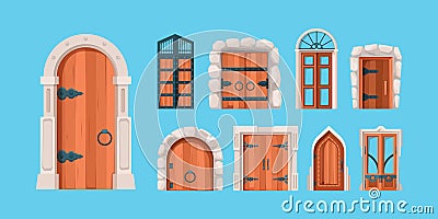 Medieval doors. Ancient wooden and steel doors old building wall mysterious portal vector gates in flat style Vector Illustration