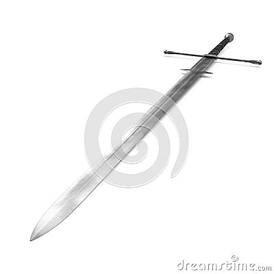 Medieval Double Edged Two Handed Sword on white background. 3D illustration Cartoon Illustration