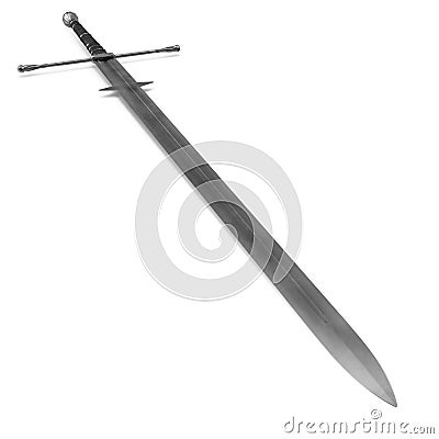 Medieval Double Edged Two Handed Sword on white background. 3D illustration Cartoon Illustration