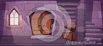 Medieval dungeon with stairs and treasure chest Vector Illustration