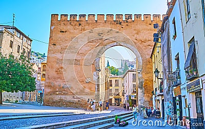 The medieval Elvira Gate with horseshoe arch, Granada, Spain Editorial Stock Photo