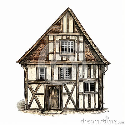 Vintage Comic Style Halftimbered Illustration With Old-world Charm Cartoon Illustration