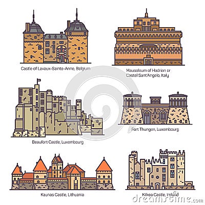Medieval european castles and fortin in line,color Vector Illustration