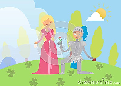 Medieval fairy love tale knight and princess vector cartoon characters illustration. Fantasy knight on knee with flower Vector Illustration