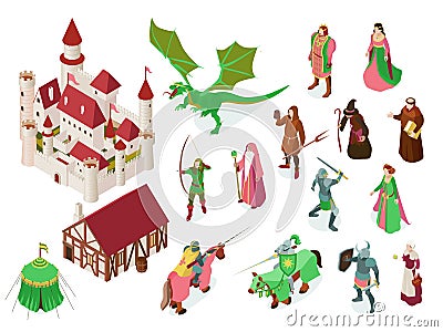 Medieval Fairy Tale Isometric Set Vector Illustration