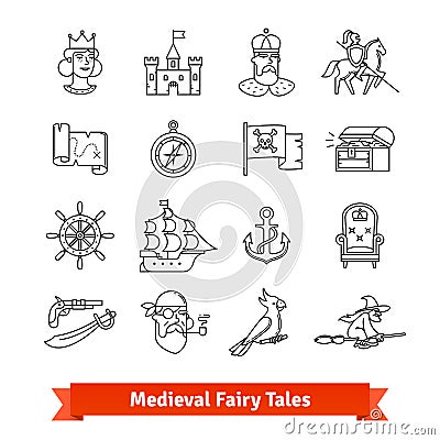 Medieval fairy tales. Thin line art icons set Vector Illustration