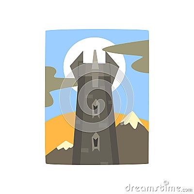 Medieval fantasy castle in mountains landscape. Tower of dark kingdom. Full moon behind fortress. Flat vector design for Vector Illustration