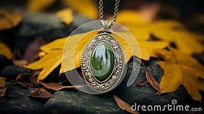 Medieval Fantasy Green Pendant Necklace With Autumn-inspired Locket Design Stock Photo