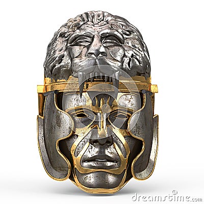 Medieval fantasy helmet closed with iron mask, and lion on top, on white isolated background. 3d illustration Stock Photo