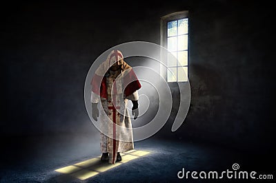 Medieval Fantasy Knight, Dungeon, Surreal Prison Stock Photo