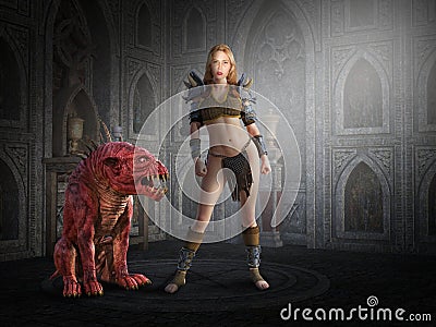 Medieval Fantasy, Woman, Devil Dog Stock Photo