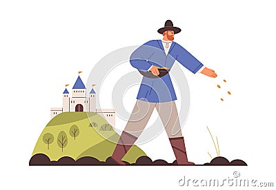 Medieval farmer sowing in ancient village. Historic life of peasant on farm, working on land. Countryman at agriculture Vector Illustration