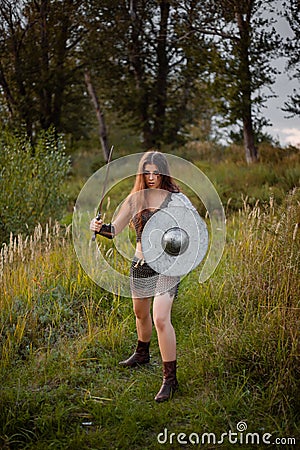 A medieval female warrior dressed in chain mail with a sword and shield in her hands poses against the background of a forest. Stock Photo