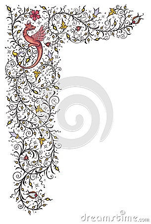 Medieval floral border.Ancient book miniature. Magic manuscript. Vector Illustration